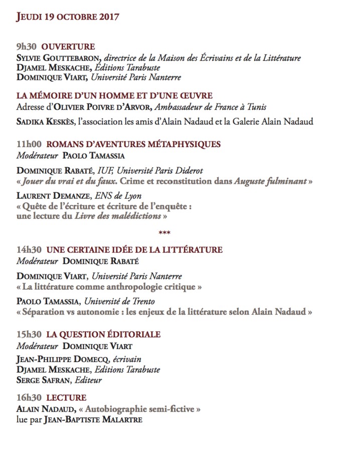 Colloque Alain Nadaud, l'exigence d'écrire - Programme jour 1
